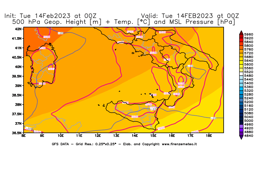 Mappa di analisi GFS - Geopotenziale [m] + Temp. [°C] a 500 hPa + Press. a livello del mare [hPa] in Sud-Italia
							del 14/02/2023 00 <!--googleoff: index-->UTC<!--googleon: index-->