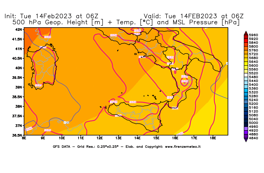 Mappa di analisi GFS - Geopotenziale [m] + Temp. [°C] a 500 hPa + Press. a livello del mare [hPa] in Sud-Italia
							del 14/02/2023 06 <!--googleoff: index-->UTC<!--googleon: index-->