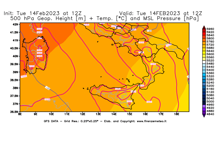 Mappa di analisi GFS - Geopotenziale [m] + Temp. [°C] a 500 hPa + Press. a livello del mare [hPa] in Sud-Italia
							del 14/02/2023 12 <!--googleoff: index-->UTC<!--googleon: index-->