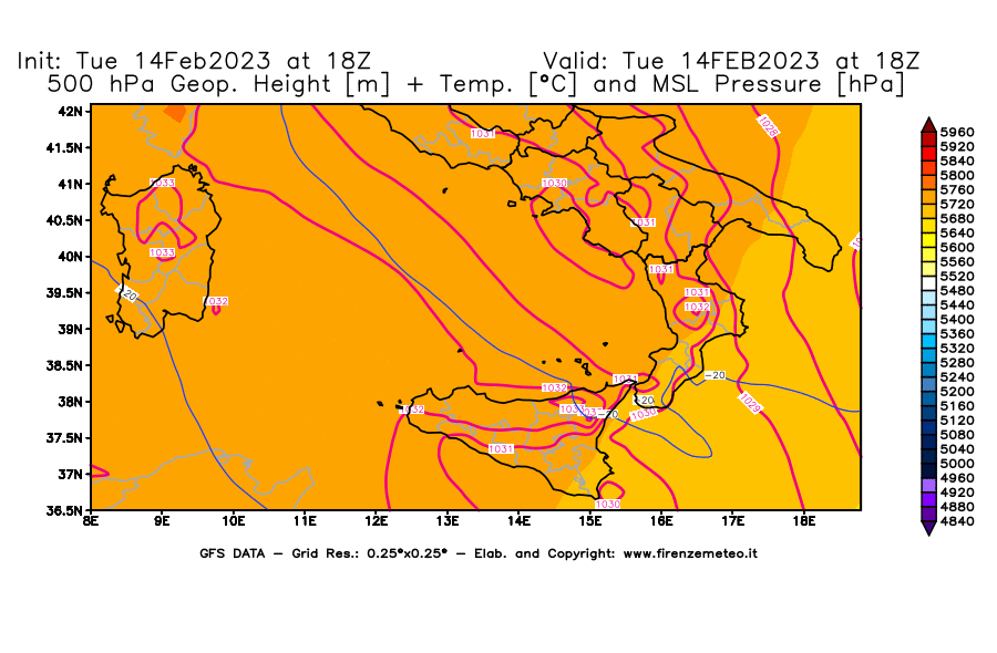 Mappa di analisi GFS - Geopotenziale [m] + Temp. [°C] a 500 hPa + Press. a livello del mare [hPa] in Sud-Italia
							del 14/02/2023 18 <!--googleoff: index-->UTC<!--googleon: index-->