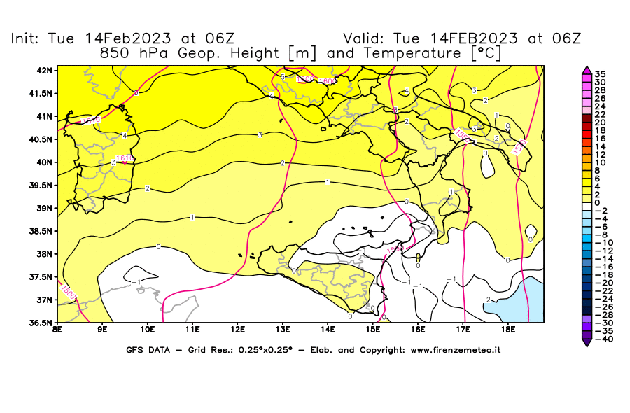 Mappa di analisi GFS - Geopotenziale [m] e Temperatura [°C] a 850 hPa in Sud-Italia
							del 14/02/2023 06 <!--googleoff: index-->UTC<!--googleon: index-->