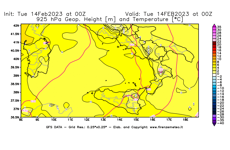 Mappa di analisi GFS - Geopotenziale [m] e Temperatura [°C] a 925 hPa in Sud-Italia
							del 14/02/2023 00 <!--googleoff: index-->UTC<!--googleon: index-->