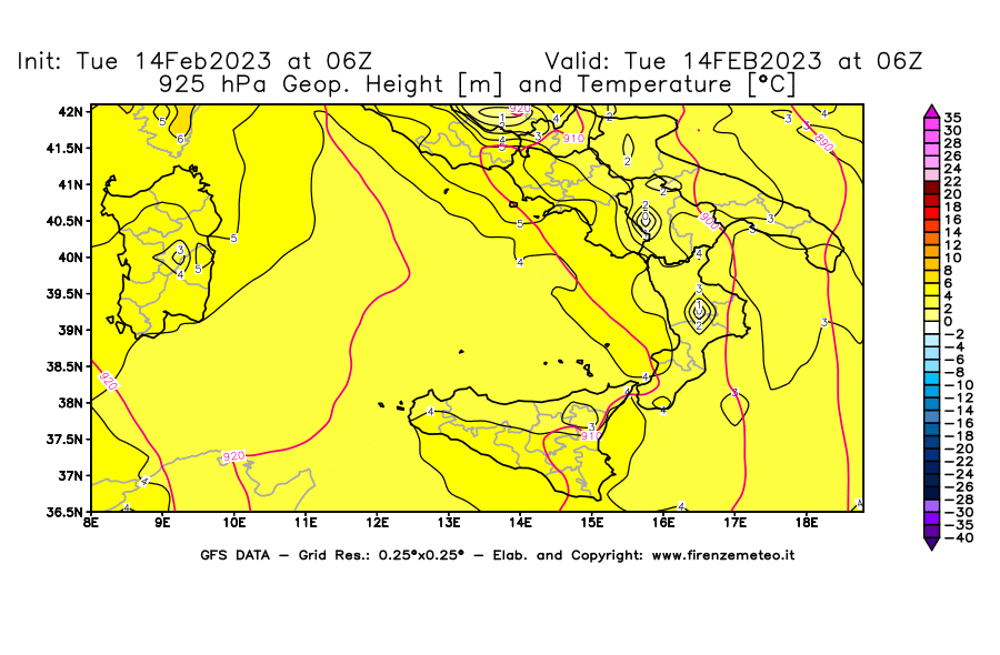 Mappa di analisi GFS - Geopotenziale [m] e Temperatura [°C] a 925 hPa in Sud-Italia
							del 14/02/2023 06 <!--googleoff: index-->UTC<!--googleon: index-->