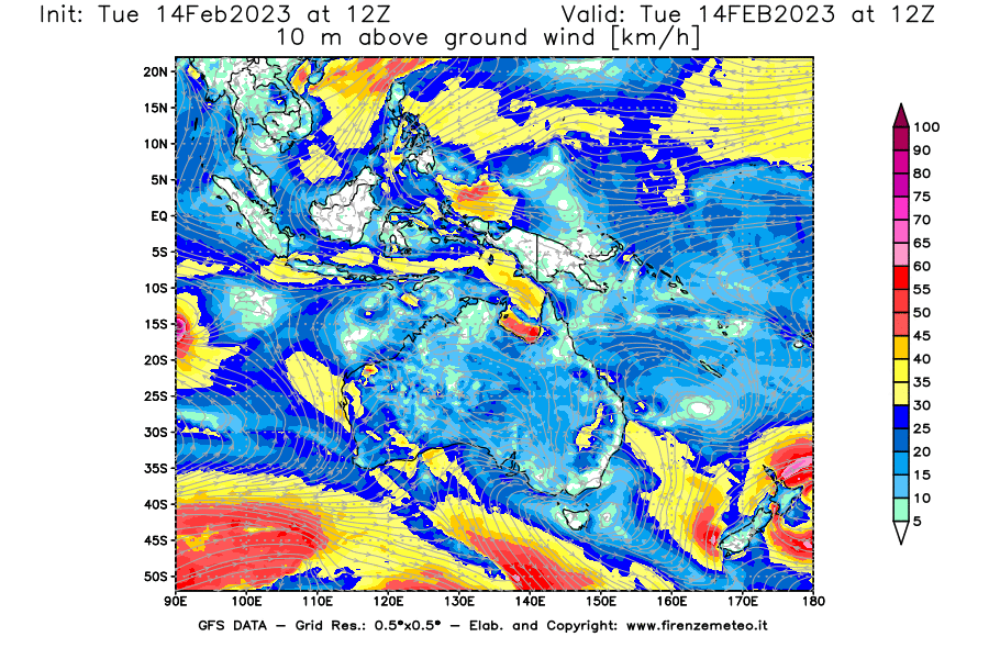 Mappa di analisi GFS - Velocità del vento a 10 metri dal suolo [km/h] in Oceania
							del 14/02/2023 12 <!--googleoff: index-->UTC<!--googleon: index-->