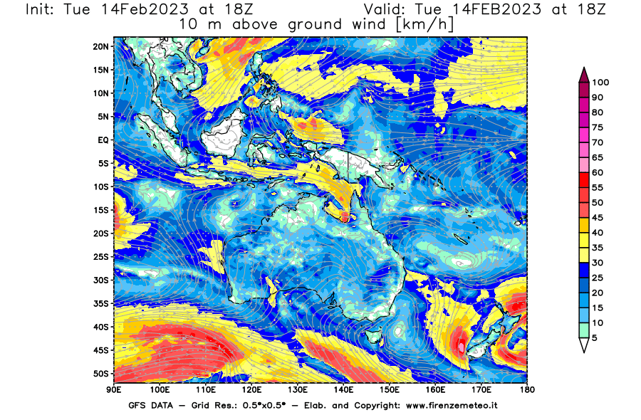 Mappa di analisi GFS - Velocità del vento a 10 metri dal suolo [km/h] in Oceania
							del 14/02/2023 18 <!--googleoff: index-->UTC<!--googleon: index-->