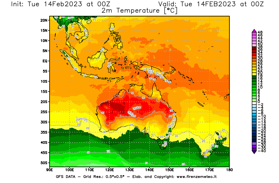 Mappa di analisi GFS - Temperatura a 2 metri dal suolo [°C] in Oceania
							del 14/02/2023 00 <!--googleoff: index-->UTC<!--googleon: index-->