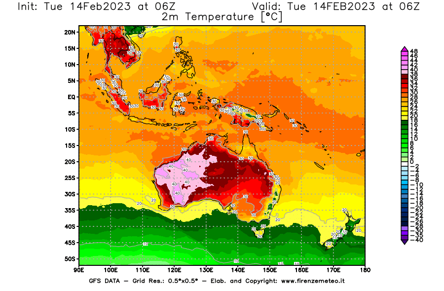 Mappa di analisi GFS - Temperatura a 2 metri dal suolo [°C] in Oceania
							del 14/02/2023 06 <!--googleoff: index-->UTC<!--googleon: index-->