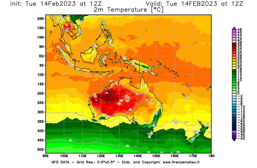 Mappa di analisi GFS - Temperatura a 2 metri dal suolo [°C] in Oceania
							del 14/02/2023 12 <!--googleoff: index-->UTC<!--googleon: index-->