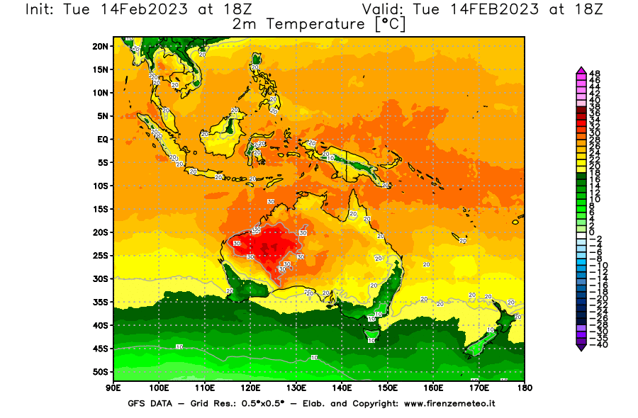 Mappa di analisi GFS - Temperatura a 2 metri dal suolo [°C] in Oceania
							del 14/02/2023 18 <!--googleoff: index-->UTC<!--googleon: index-->
