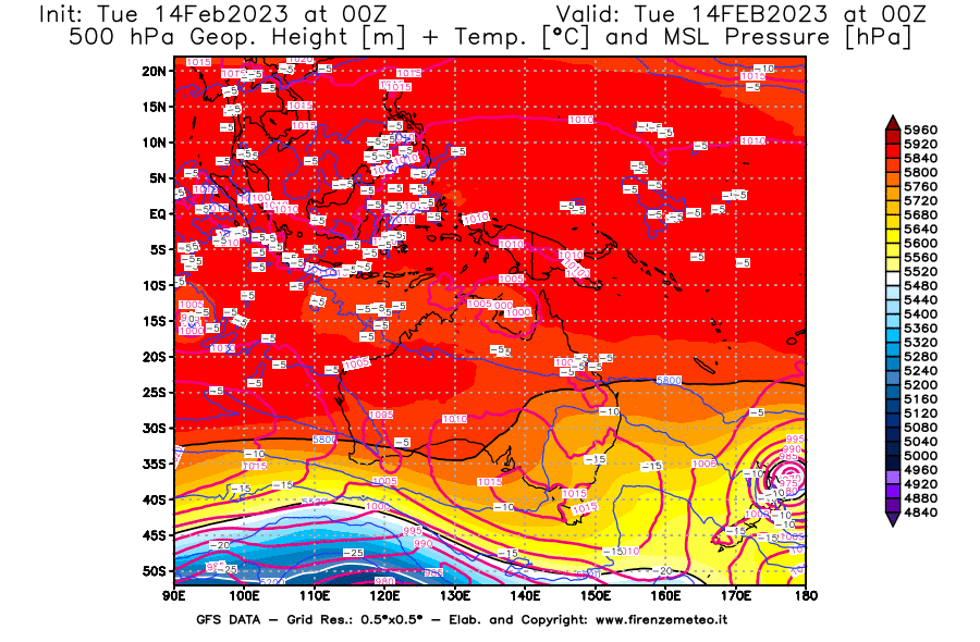 Mappa di analisi GFS - Geopotenziale [m] + Temp. [°C] a 500 hPa + Press. a livello del mare [hPa] in Oceania
							del 14/02/2023 00 <!--googleoff: index-->UTC<!--googleon: index-->
