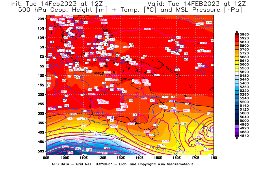 Mappa di analisi GFS - Geopotenziale [m] + Temp. [°C] a 500 hPa + Press. a livello del mare [hPa] in Oceania
							del 14/02/2023 12 <!--googleoff: index-->UTC<!--googleon: index-->