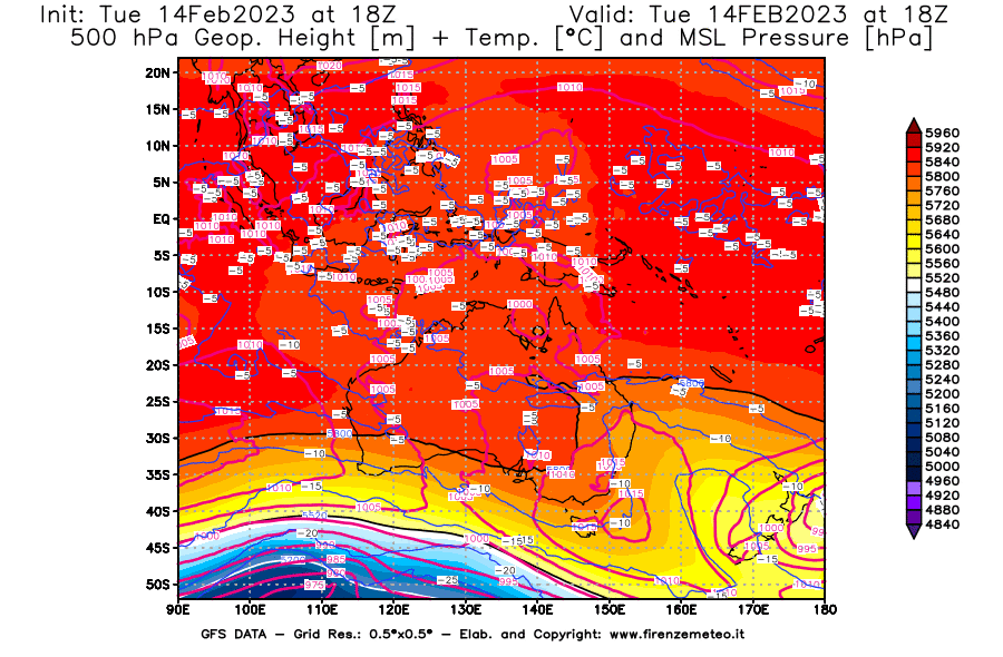 Mappa di analisi GFS - Geopotenziale [m] + Temp. [°C] a 500 hPa + Press. a livello del mare [hPa] in Oceania
							del 14/02/2023 18 <!--googleoff: index-->UTC<!--googleon: index-->