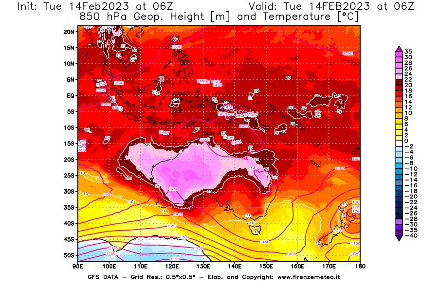 Mappa di analisi GFS - Geopotenziale [m] e Temperatura [°C] a 850 hPa in Oceania
							del 14/02/2023 06 <!--googleoff: index-->UTC<!--googleon: index-->