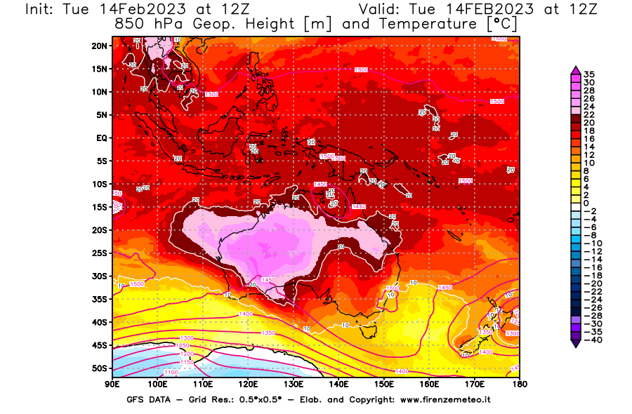Mappa di analisi GFS - Geopotenziale [m] e Temperatura [°C] a 850 hPa in Oceania
							del 14/02/2023 12 <!--googleoff: index-->UTC<!--googleon: index-->