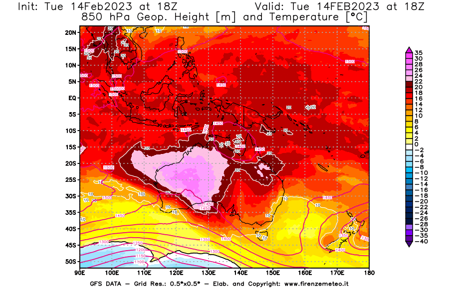 Mappa di analisi GFS - Geopotenziale [m] e Temperatura [°C] a 850 hPa in Oceania
							del 14/02/2023 18 <!--googleoff: index-->UTC<!--googleon: index-->