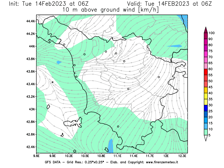 Mappa di analisi GFS - Velocità del vento a 10 metri dal suolo [km/h] in Toscana
							del 14/02/2023 06 <!--googleoff: index-->UTC<!--googleon: index-->