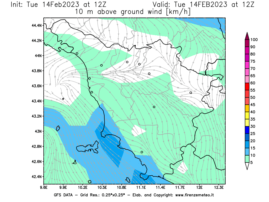 Mappa di analisi GFS - Velocità del vento a 10 metri dal suolo [km/h] in Toscana
							del 14/02/2023 12 <!--googleoff: index-->UTC<!--googleon: index-->
