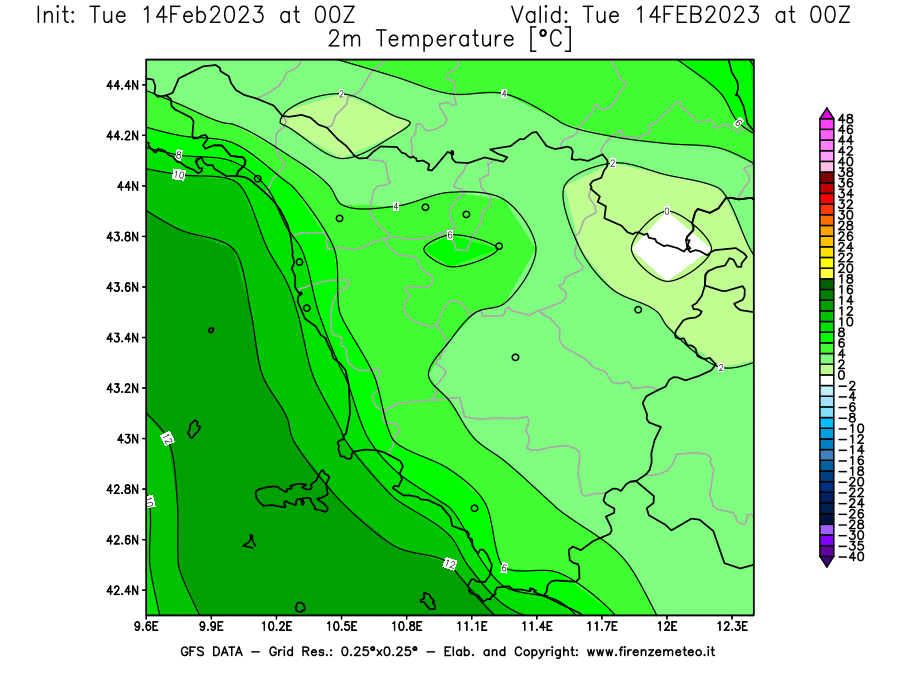 Mappa di analisi GFS - Temperatura a 2 metri dal suolo [°C] in Toscana
							del 14/02/2023 00 <!--googleoff: index-->UTC<!--googleon: index-->