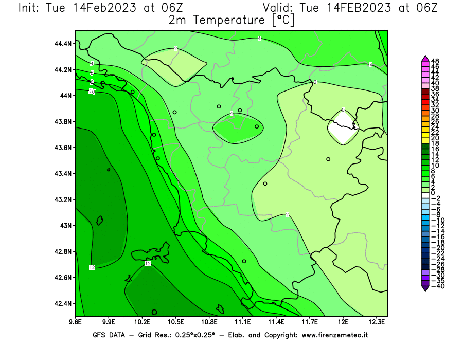 Mappa di analisi GFS - Temperatura a 2 metri dal suolo [°C] in Toscana
							del 14/02/2023 06 <!--googleoff: index-->UTC<!--googleon: index-->