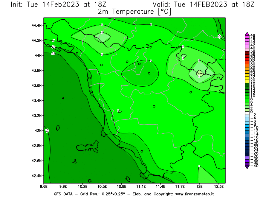 Mappa di analisi GFS - Temperatura a 2 metri dal suolo [°C] in Toscana
							del 14/02/2023 18 <!--googleoff: index-->UTC<!--googleon: index-->