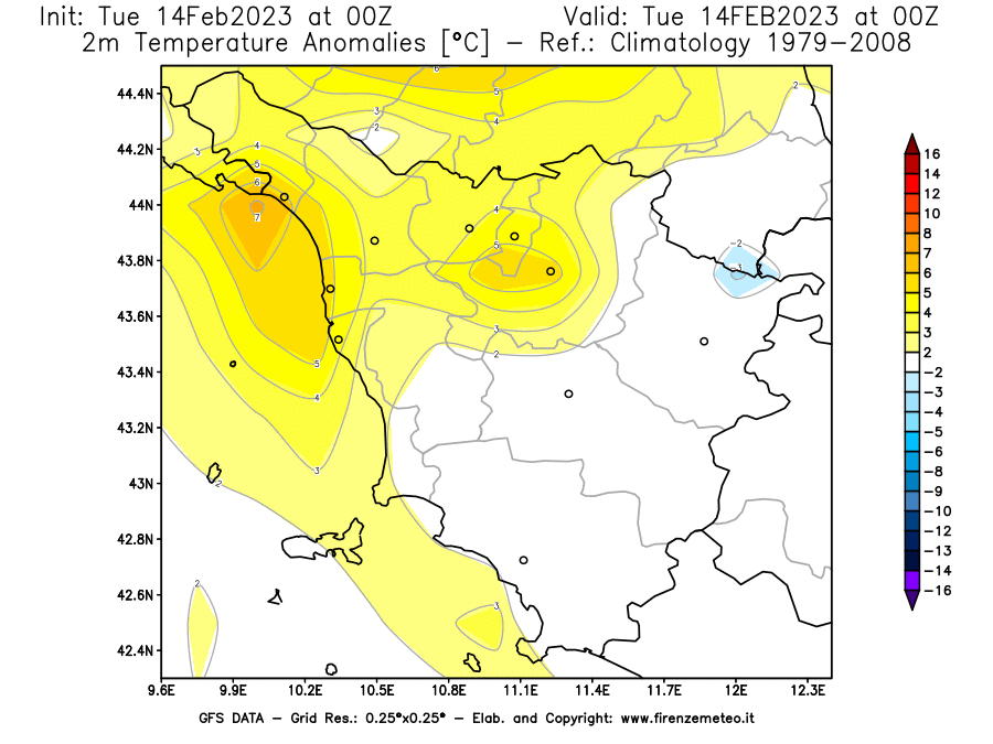 Mappa di analisi GFS - Anomalia Temperatura [°C] a 2 m in Toscana
							del 14/02/2023 00 <!--googleoff: index-->UTC<!--googleon: index-->