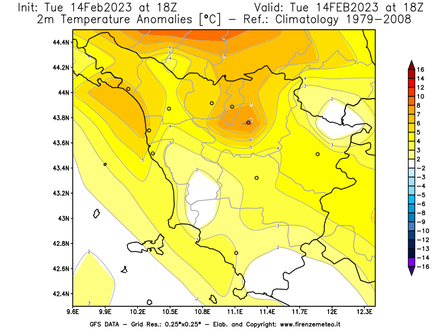 Mappa di analisi GFS - Anomalia Temperatura [°C] a 2 m in Toscana
							del 14/02/2023 18 <!--googleoff: index-->UTC<!--googleon: index-->