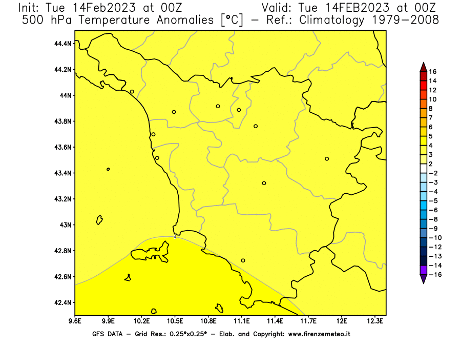 Mappa di analisi GFS - Anomalia Temperatura [°C] a 500 hPa in Toscana
							del 14/02/2023 00 <!--googleoff: index-->UTC<!--googleon: index-->