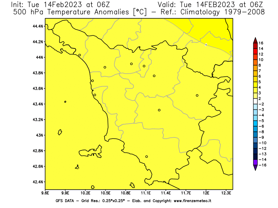 Mappa di analisi GFS - Anomalia Temperatura [°C] a 500 hPa in Toscana
							del 14/02/2023 06 <!--googleoff: index-->UTC<!--googleon: index-->