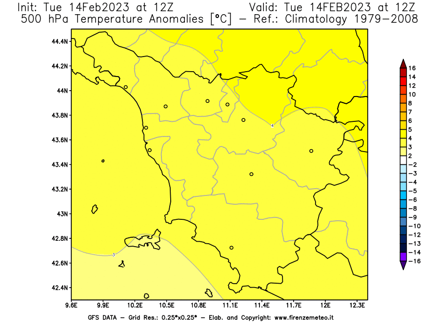 Mappa di analisi GFS - Anomalia Temperatura [°C] a 500 hPa in Toscana
							del 14/02/2023 12 <!--googleoff: index-->UTC<!--googleon: index-->