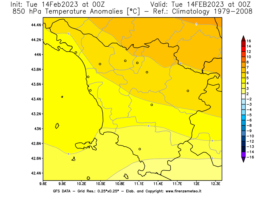 Mappa di analisi GFS - Anomalia Temperatura [°C] a 850 hPa in Toscana
							del 14/02/2023 00 <!--googleoff: index-->UTC<!--googleon: index-->