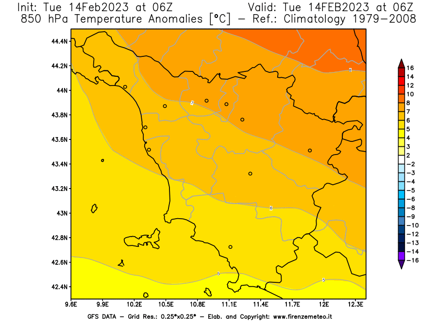 Mappa di analisi GFS - Anomalia Temperatura [°C] a 850 hPa in Toscana
							del 14/02/2023 06 <!--googleoff: index-->UTC<!--googleon: index-->