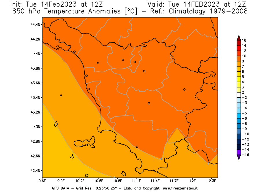 Mappa di analisi GFS - Anomalia Temperatura [°C] a 850 hPa in Toscana
							del 14/02/2023 12 <!--googleoff: index-->UTC<!--googleon: index-->