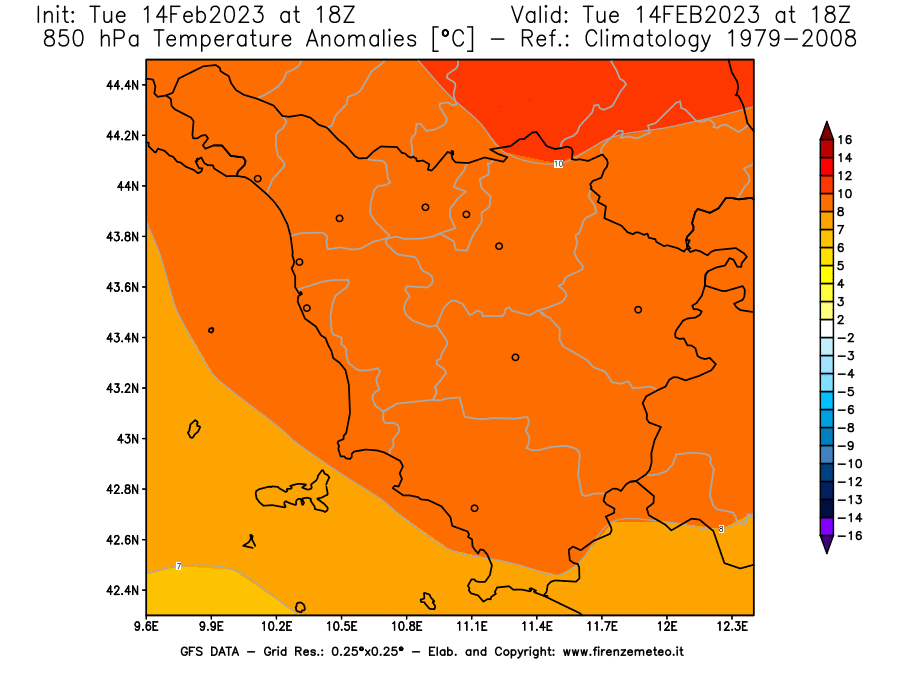Mappa di analisi GFS - Anomalia Temperatura [°C] a 850 hPa in Toscana
							del 14/02/2023 18 <!--googleoff: index-->UTC<!--googleon: index-->