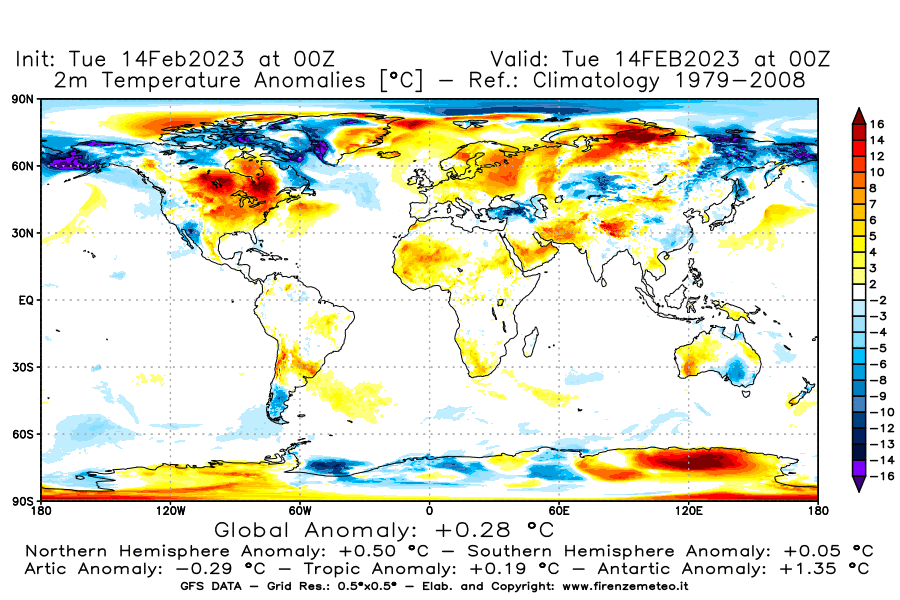 Mappa di analisi GFS - Anomalia Temperatura [°C] a 2 m in World
							del 14/02/2023 00 <!--googleoff: index-->UTC<!--googleon: index-->