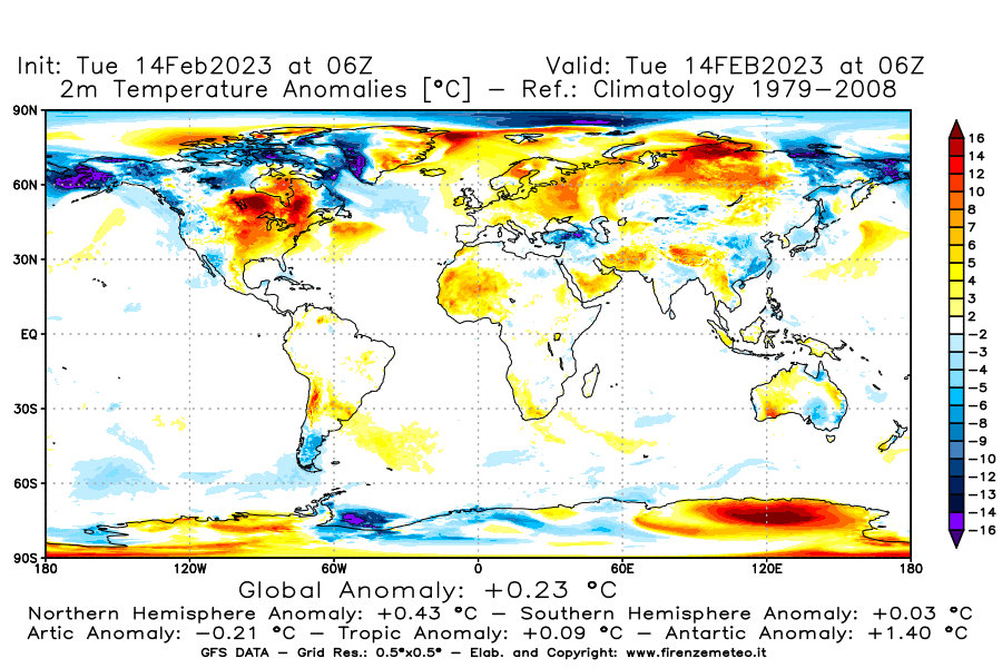 Mappa di analisi GFS - Anomalia Temperatura [°C] a 2 m in World
							del 14/02/2023 06 <!--googleoff: index-->UTC<!--googleon: index-->