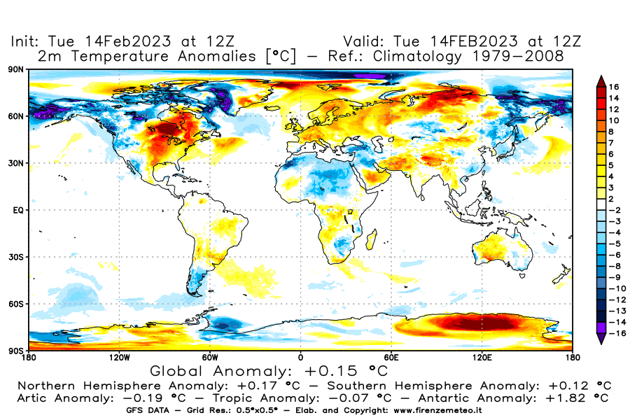 Mappa di analisi GFS - Anomalia Temperatura [°C] a 2 m in World
							del 14/02/2023 12 <!--googleoff: index-->UTC<!--googleon: index-->