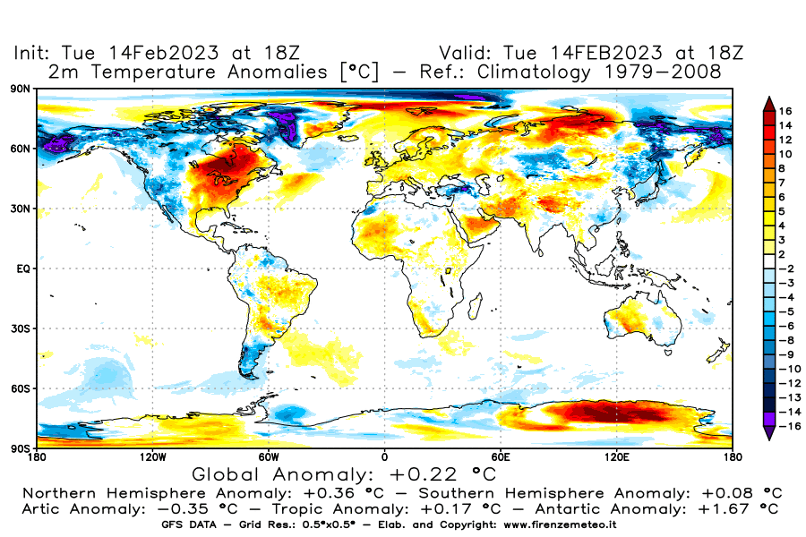 Mappa di analisi GFS - Anomalia Temperatura [°C] a 2 m in World
							del 14/02/2023 18 <!--googleoff: index-->UTC<!--googleon: index-->