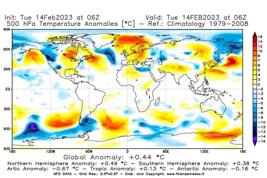 Mappa di analisi GFS - Anomalia Temperatura [°C] a 500 hPa in World
							del 14/02/2023 06 <!--googleoff: index-->UTC<!--googleon: index-->