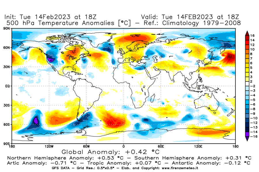 Mappa di analisi GFS - Anomalia Temperatura [°C] a 500 hPa in World
							del 14/02/2023 18 <!--googleoff: index-->UTC<!--googleon: index-->