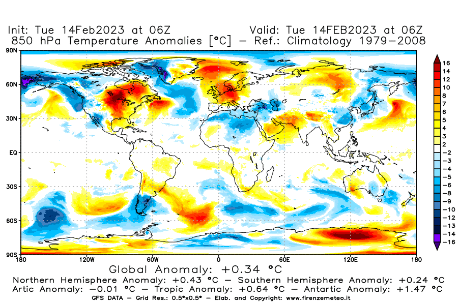 Mappa di analisi GFS - Anomalia Temperatura [°C] a 850 hPa in World
							del 14/02/2023 06 <!--googleoff: index-->UTC<!--googleon: index-->