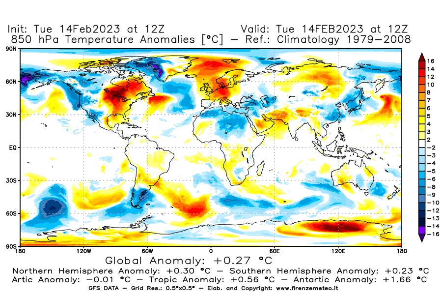 Mappa di analisi GFS - Anomalia Temperatura [°C] a 850 hPa in World
							del 14/02/2023 12 <!--googleoff: index-->UTC<!--googleon: index-->