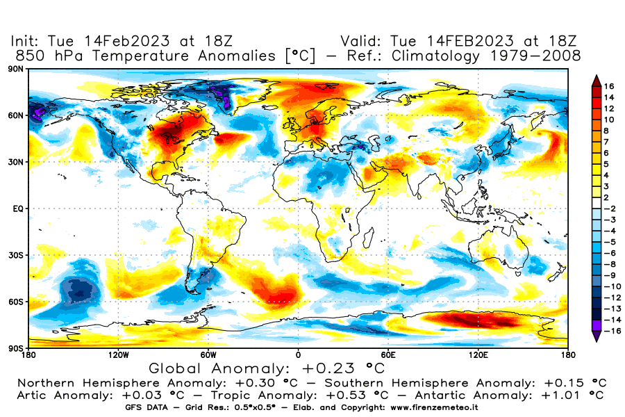 Mappa di analisi GFS - Anomalia Temperatura [°C] a 850 hPa in World
							del 14/02/2023 18 <!--googleoff: index-->UTC<!--googleon: index-->