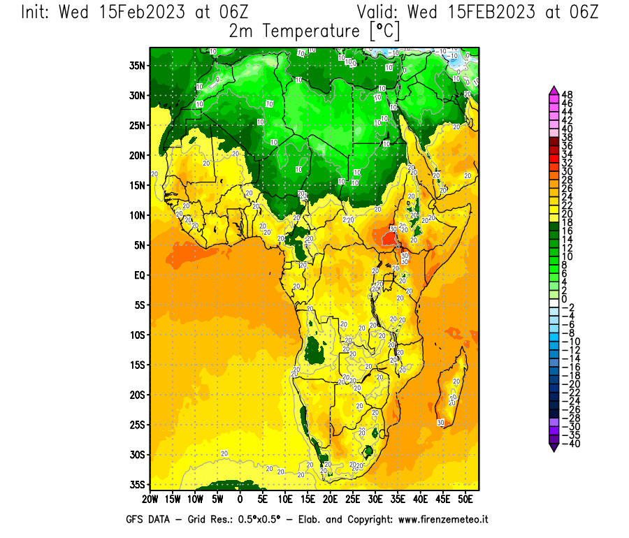 Mappa di analisi GFS - Temperatura a 2 metri dal suolo [°C] in Africa
							del 15/02/2023 06 <!--googleoff: index-->UTC<!--googleon: index-->