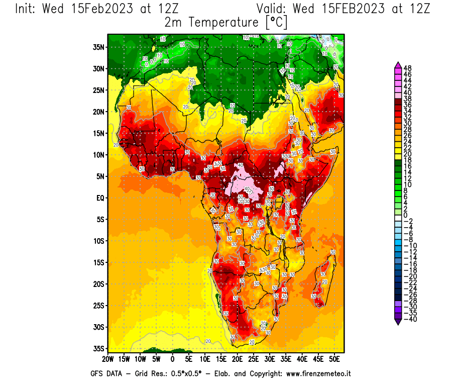 Mappa di analisi GFS - Temperatura a 2 metri dal suolo [°C] in Africa
							del 15/02/2023 12 <!--googleoff: index-->UTC<!--googleon: index-->