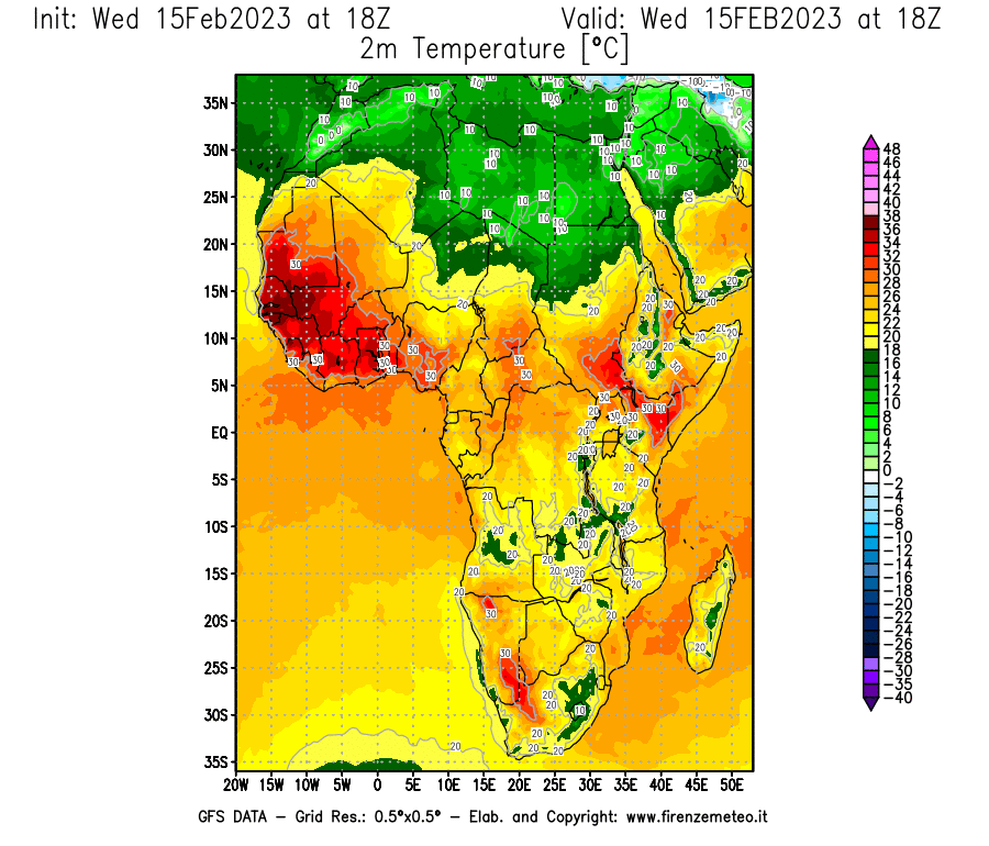 Mappa di analisi GFS - Temperatura a 2 metri dal suolo [°C] in Africa
							del 15/02/2023 18 <!--googleoff: index-->UTC<!--googleon: index-->