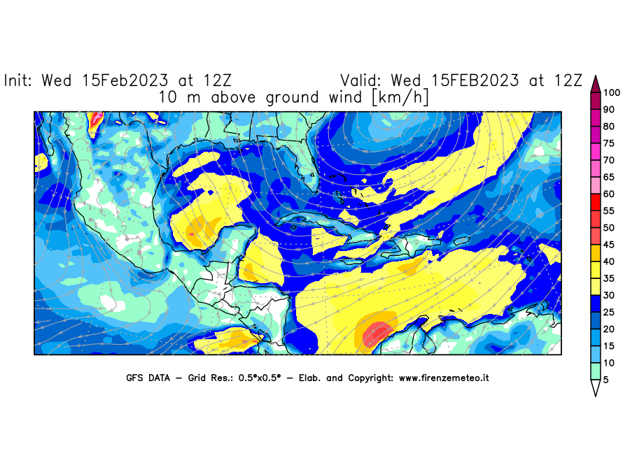 Mappa di analisi GFS - Velocità del vento a 10 metri dal suolo [km/h] in Centro-America
							del 15/02/2023 12 <!--googleoff: index-->UTC<!--googleon: index-->