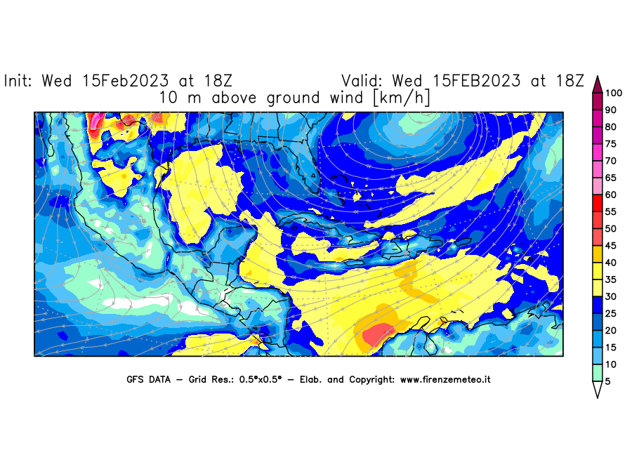 Mappa di analisi GFS - Velocità del vento a 10 metri dal suolo [km/h] in Centro-America
							del 15/02/2023 18 <!--googleoff: index-->UTC<!--googleon: index-->