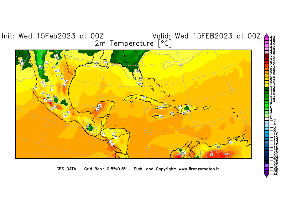 Mappa di analisi GFS - Temperatura a 2 metri dal suolo [°C] in Centro-America
							del 15/02/2023 00 <!--googleoff: index-->UTC<!--googleon: index-->