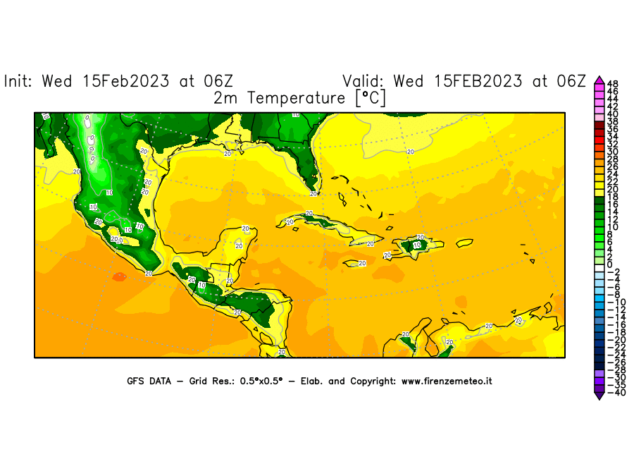 Mappa di analisi GFS - Temperatura a 2 metri dal suolo [°C] in Centro-America
							del 15/02/2023 06 <!--googleoff: index-->UTC<!--googleon: index-->