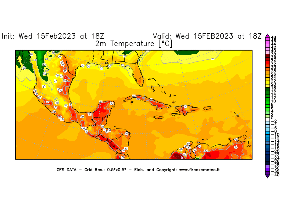 Mappa di analisi GFS - Temperatura a 2 metri dal suolo [°C] in Centro-America
							del 15/02/2023 18 <!--googleoff: index-->UTC<!--googleon: index-->
